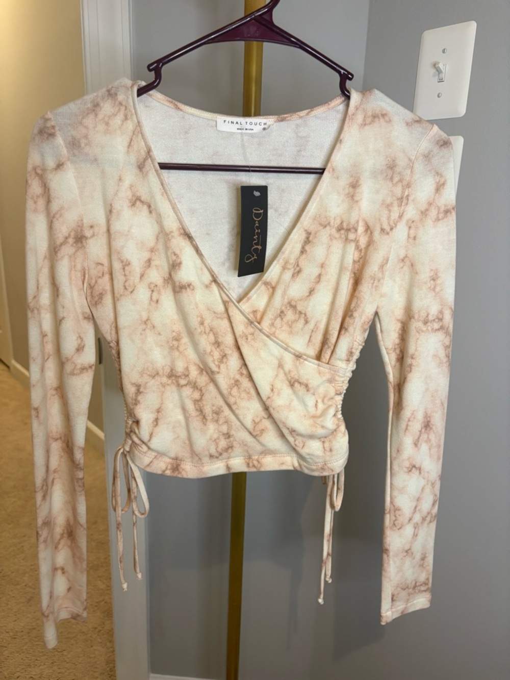 Final Touch Marble-Print Wrap Crop Top in Cream and Tan
